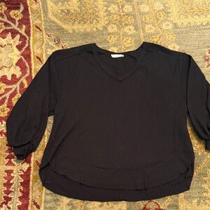 Casual Oversized Black Waffle V-Neck